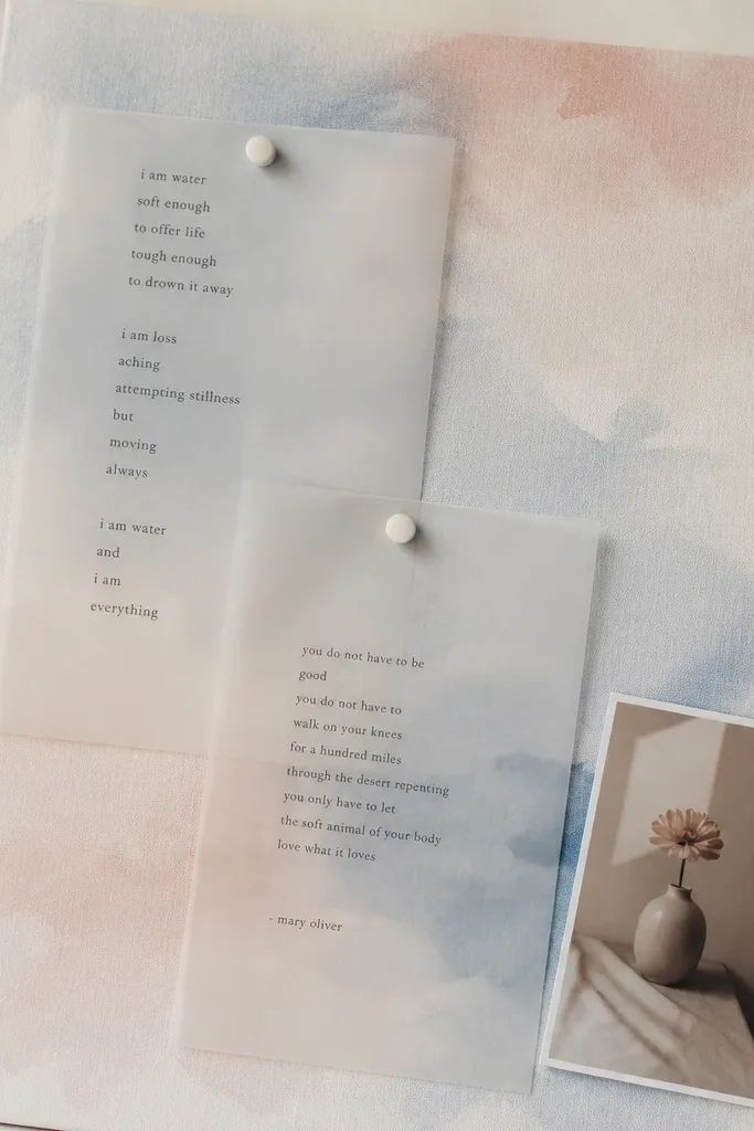 A board with a soft watercolor wash in pale blue and blush. Transparent acetate sheets hold printed verse text, placed over the background. A small vase photo sits at the corner.