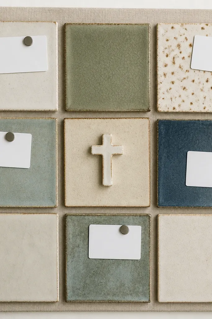 A grid of ceramic tiles on a backing board. Small white dry-erase labels are stuck with magnets. A center tile holds a tiny ceramic cross.