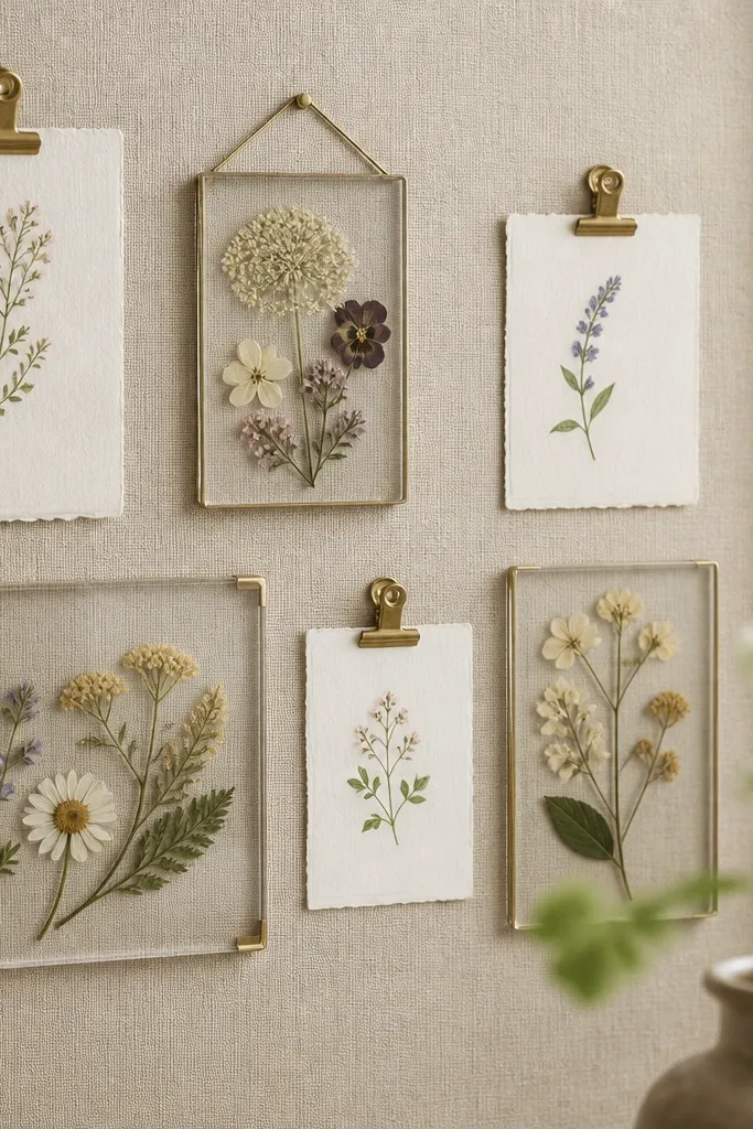 A cork or linen board with a few pressed flower arrangements in clear resin frames. Around them, printed verse cards are clipped with small brass clips.