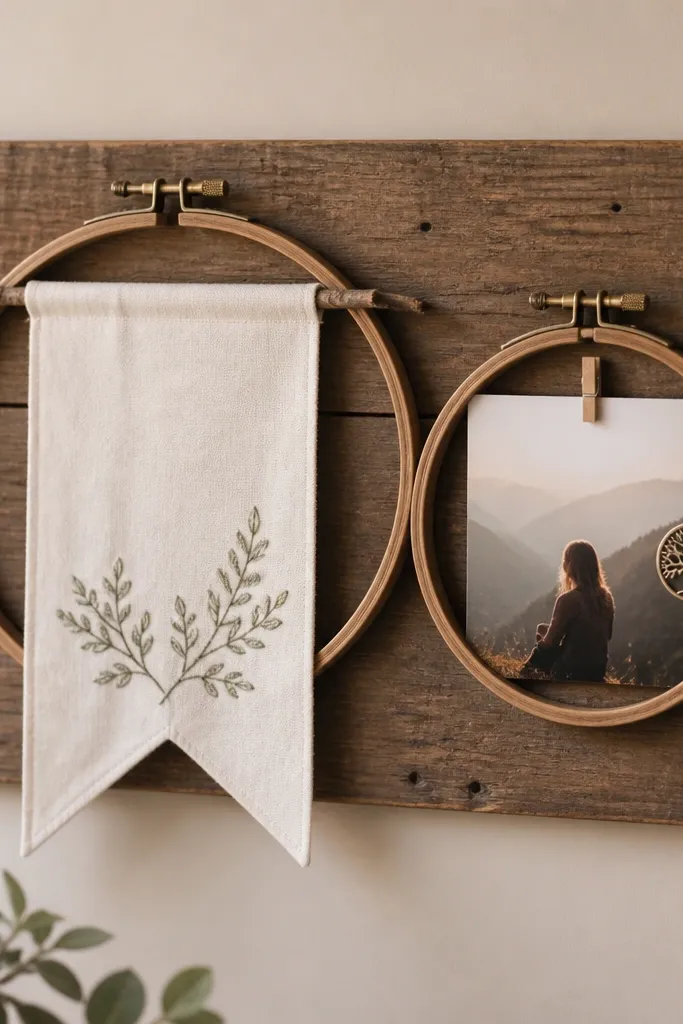 Two wooden embroidery hoops mounted on a board. One hoop holds a fabric banner with a verse. The second hoop holds a photo and a small charm.