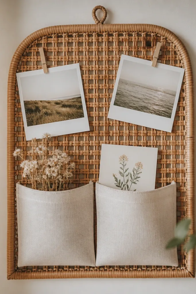 A rattan woven backdrop with two fabric pockets. Polaroid-style photos are clipped at the top corners and a small verse card sits in the pocket.