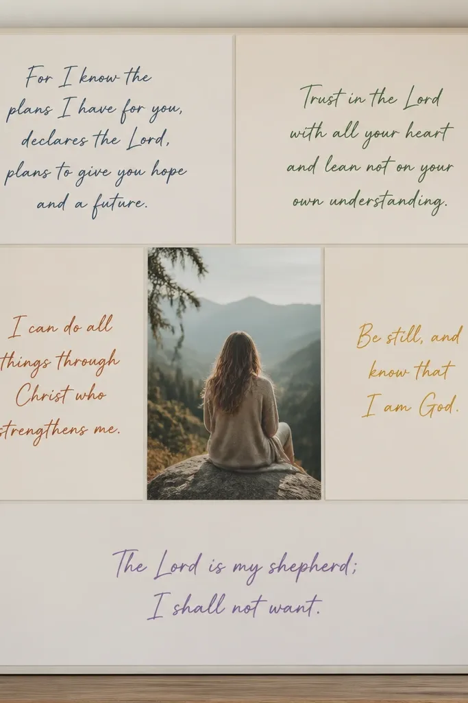 A board with five large 5x7 panels arranged like a color block poster. Each panel has a verse in a different color ink. A single photo is in the center.