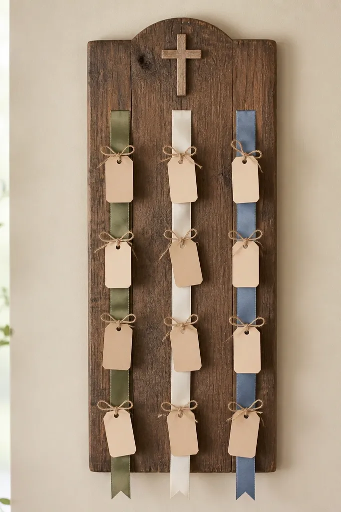 A vertical board with three satin ribbons hanging down. Each ribbon holds small prayer tags tied with knots. A small cross sits at the top.