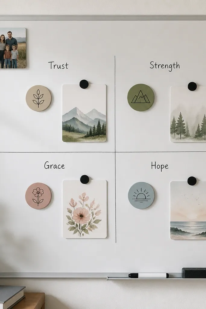 A whiteboard with four sections labeled in small handwriting. Magnetic icon pieces and verse cards are arranged in each section. A photo magnet sits in the top corner.