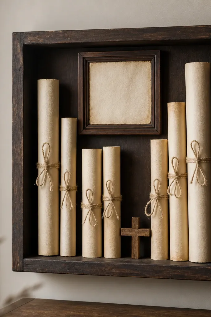 A deep shadow box on the wall with several rolled paper scrolls tied with twine. A small framed verse sits at the top center, and a tiny wooden cross is at the bottom.