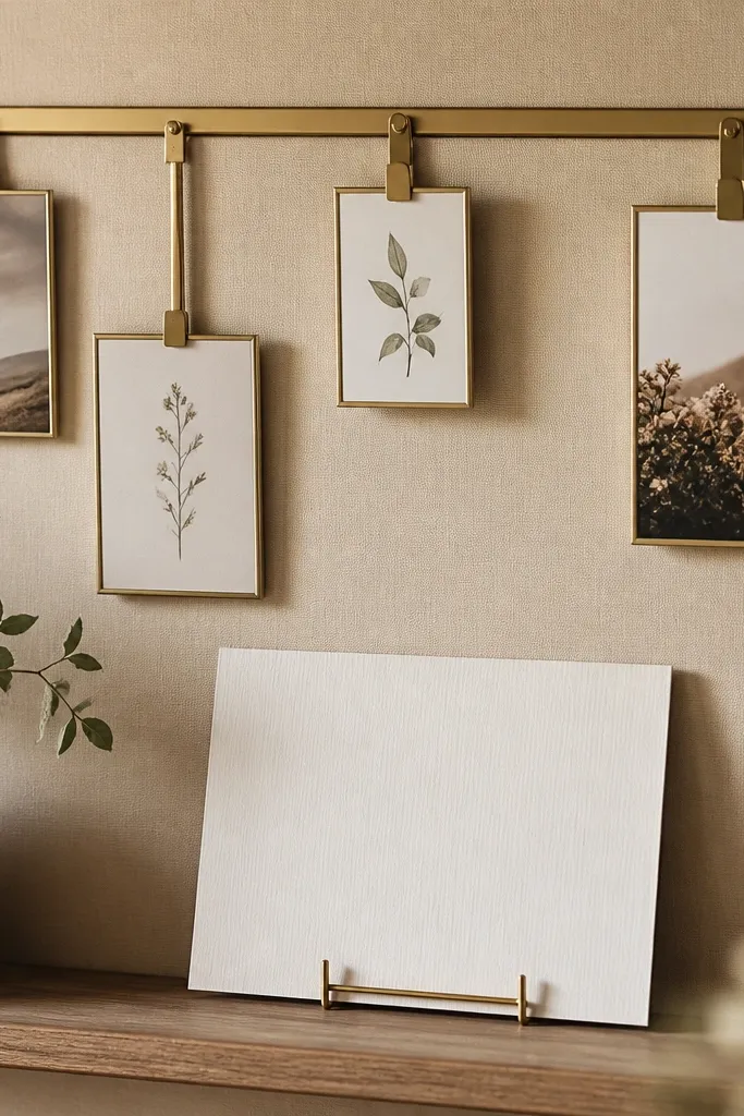 A beige board with a gold picture rail running horizontally. Several small clip frames hang at different heights, and a large verse card sits on a lower shelf.