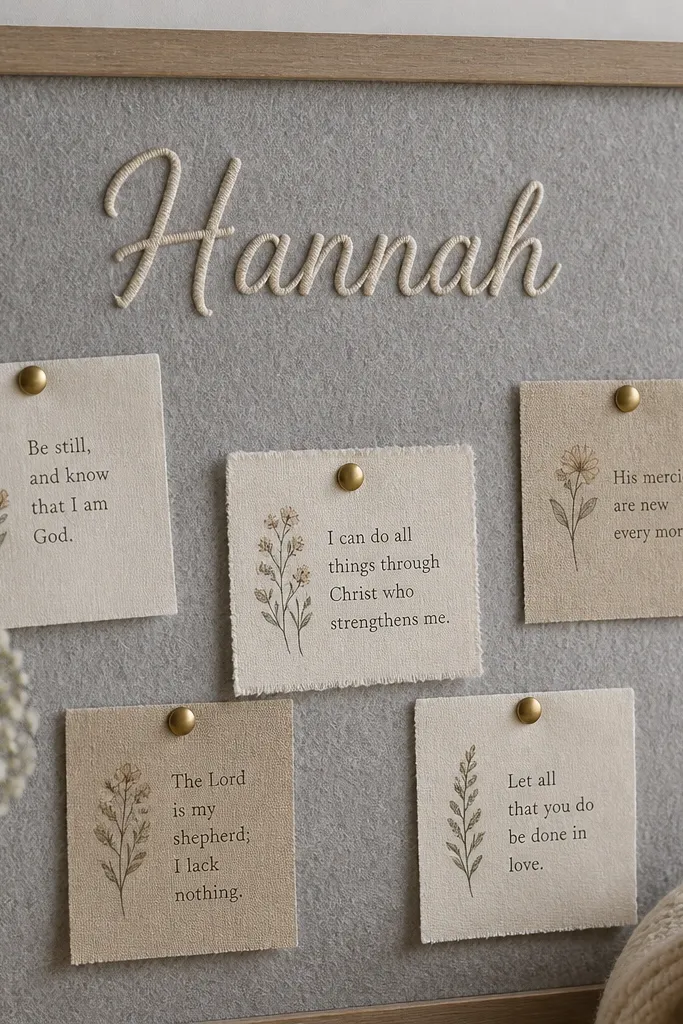 A soft gray felt board. An embroidered name sits at the top center. Small felt tags with printed verses are pinned with brass thumbtacks.