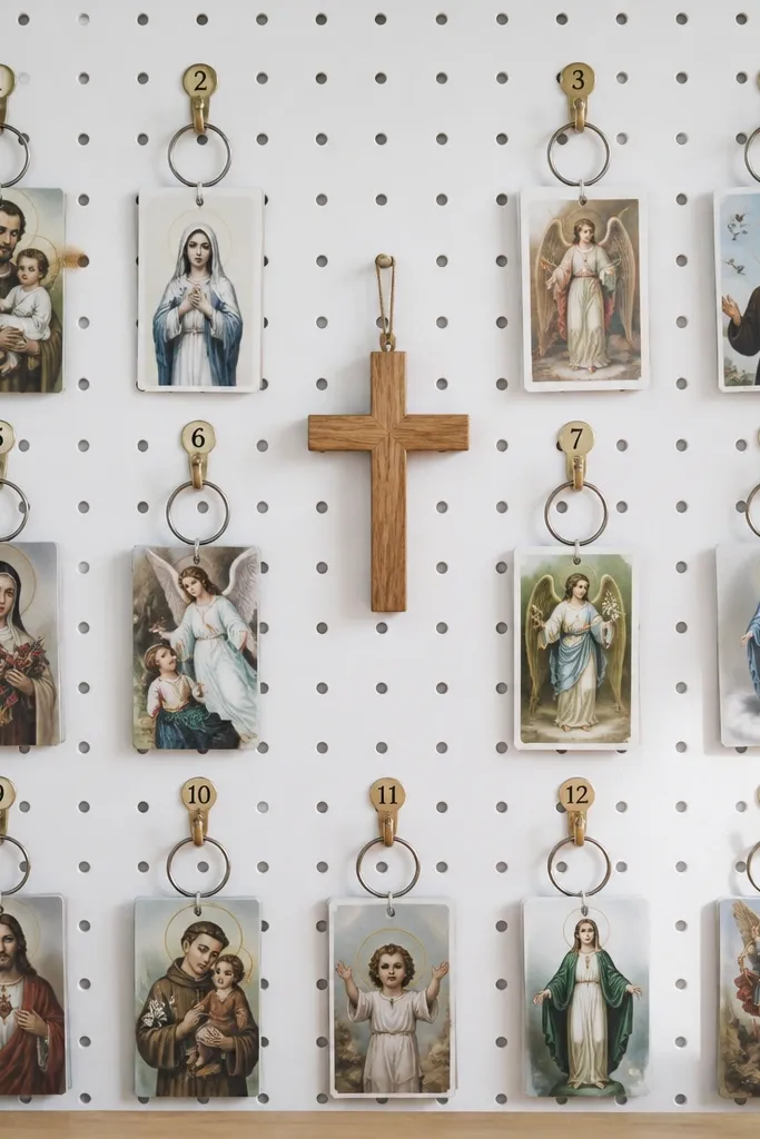 A white pegboard with evenly spaced holes. Small numbered hooks hold prayer cards on clip rings. A small wooden cross hangs in the center.