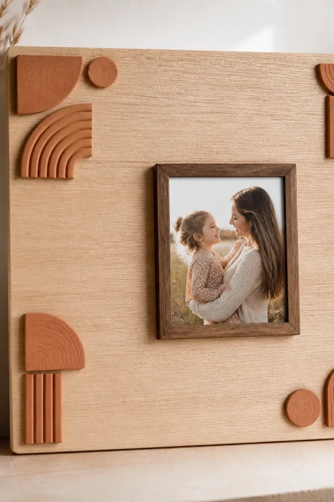 A light wood board with terracotta clay shapes on the corners. Verse text is stenciled in dark brown blocks. A small framed photo sits slightly off-center.