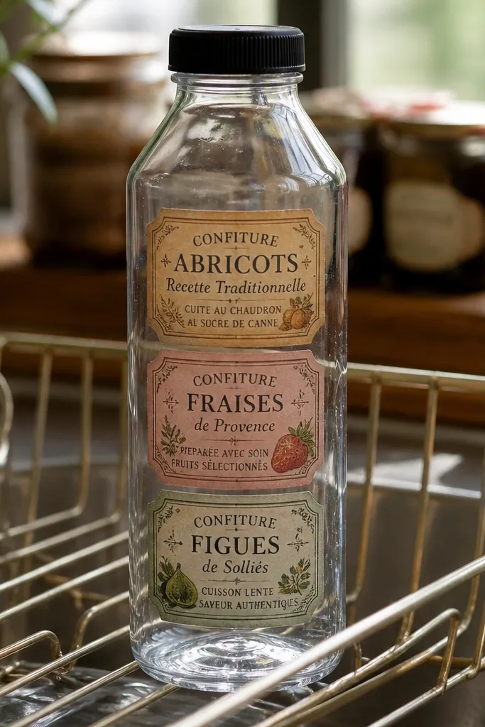 Three vintage jam jar labels with script and small icons