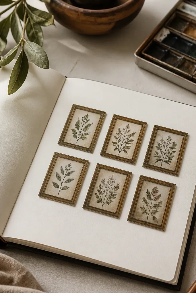 Small botanical sketches inside thin rectangular frames