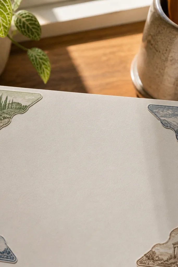 Vintage postcard corner shapes with stamp-like icons