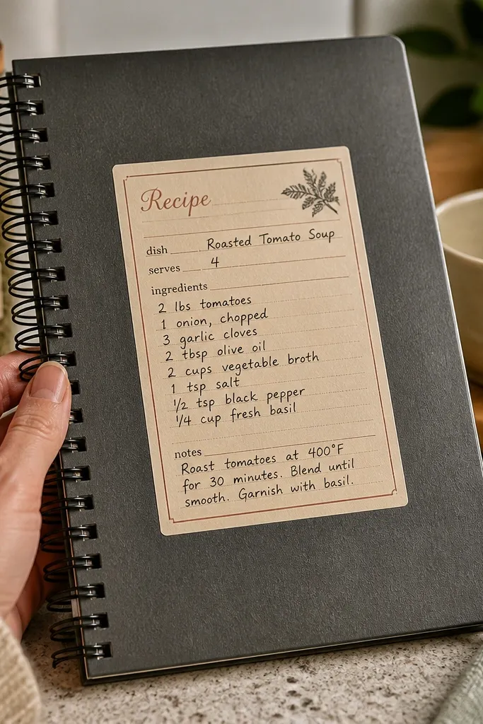 Old recipe card rectangles with handwritten-style text blocks