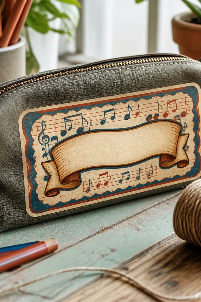 Vintage music notes with label ribbons and muted tones