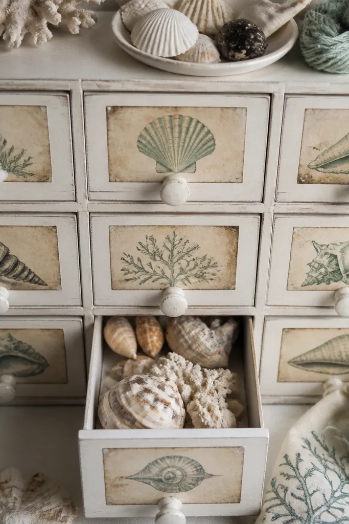 Muted vintage shell illustrations in small label rectangles