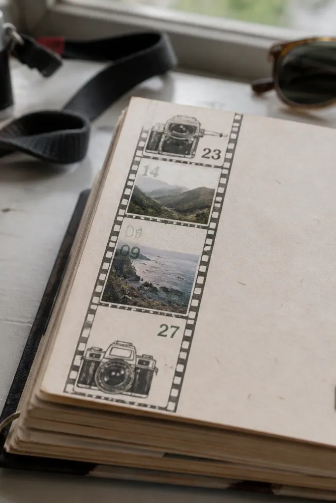 Retro camera icon with film strip numbers and small labels