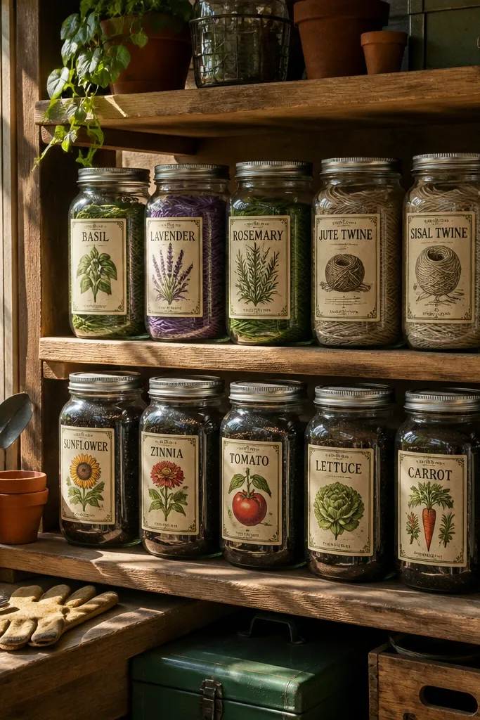 Vintage seed packet rectangles with small illustrated plants
