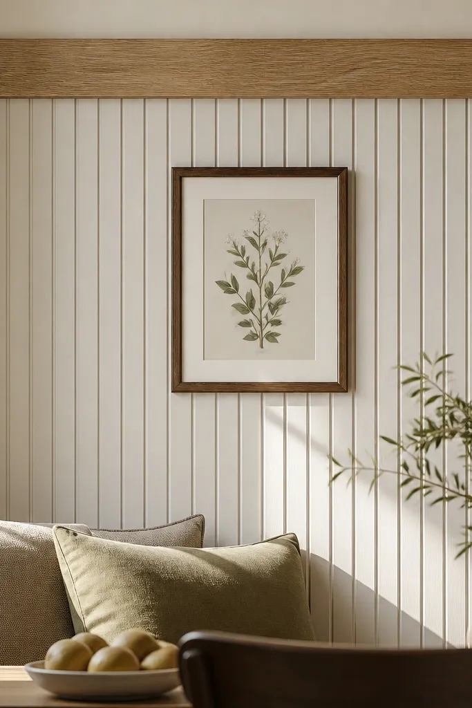 White beadboard wall with a wide light oak top rail and soft warm lighting