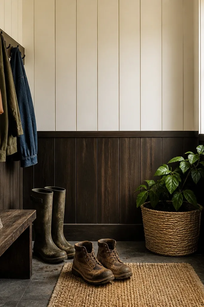 Cream upper wall with dark stained lower panels and a simple chair rail