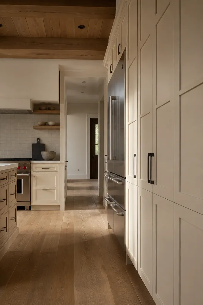 Rustic wall with a grid of square panels separated by thin trim strips