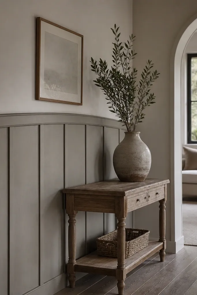 Board-and-batten wainscoting with vertical battens and a soft curved top rail