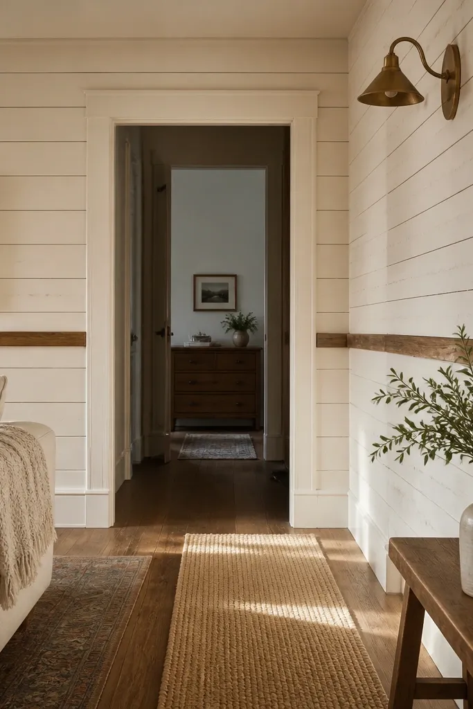 Warm shiplap panels with visible seams and a chair rail trim border