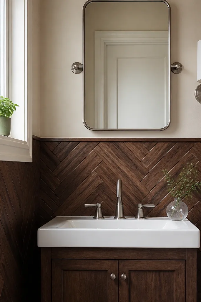 Lower wall has herringbone wood panels with a chair rail above