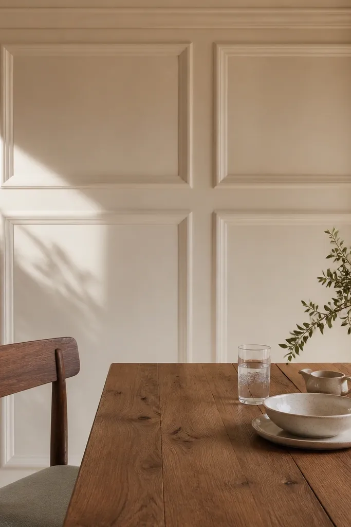Inset rectangular panels with slight chamfered trim edges on a warm wall