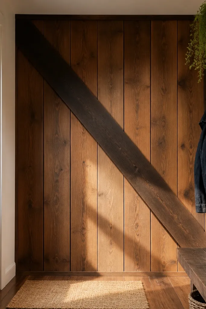 Vertical plank wainscoting with a diagonal brace panel for rustic charm