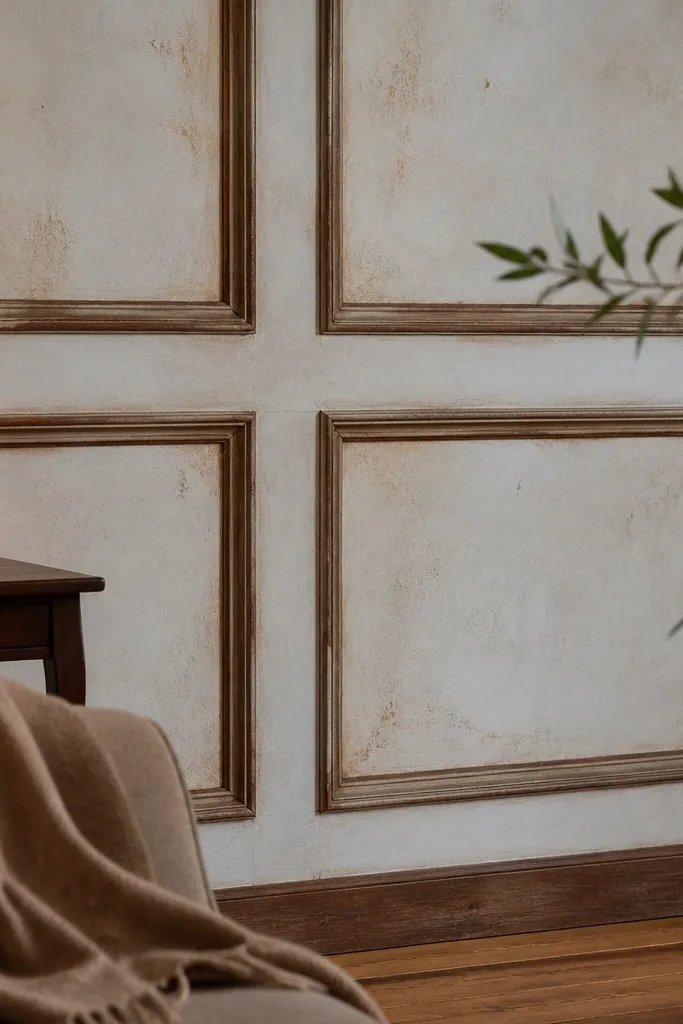 White wainscoting panels with subtle walnut glaze in grooves and edges