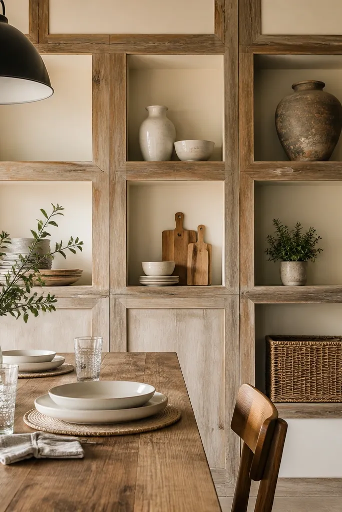 Recessed rectangle wainscoting rows with a cabinet-like frame