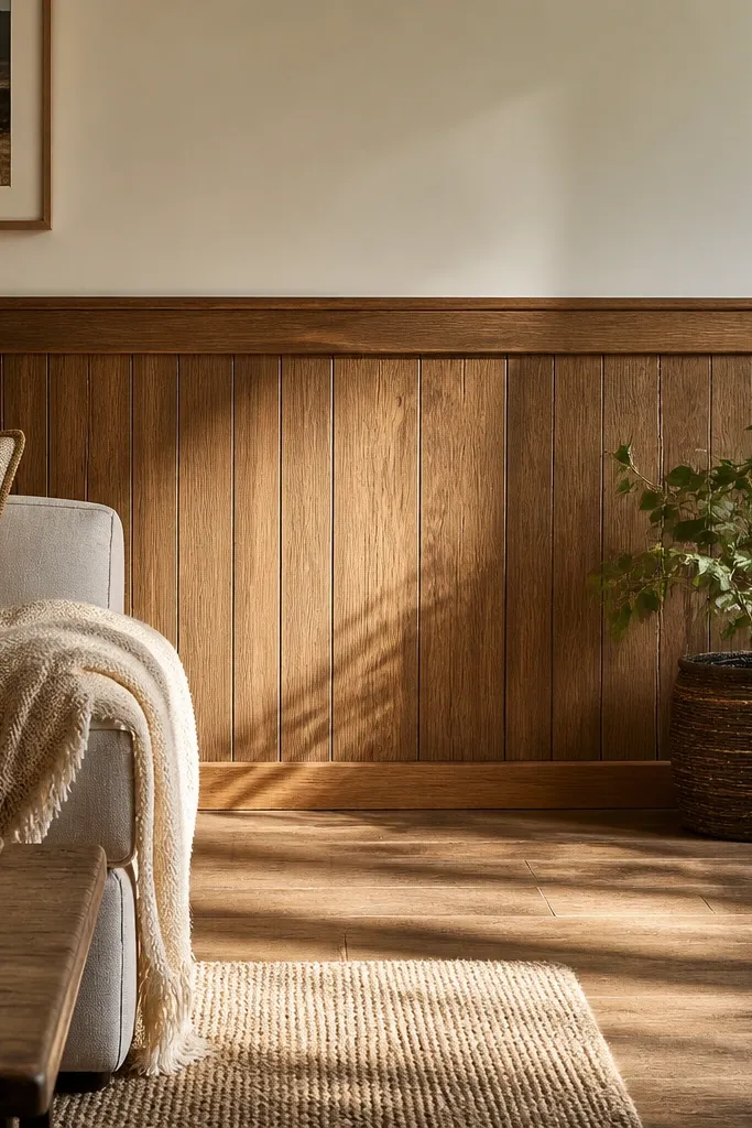 Cedar-toned stained wainscoting panels with a clean base frame