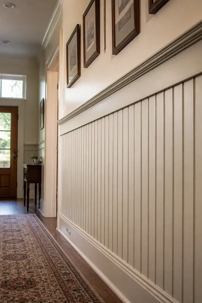 Tall wainscoting up the wall with one chair rail and simple vertical panels