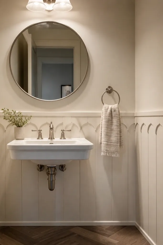 Bottom panel has scalloped edge trim with flat wainscoting above