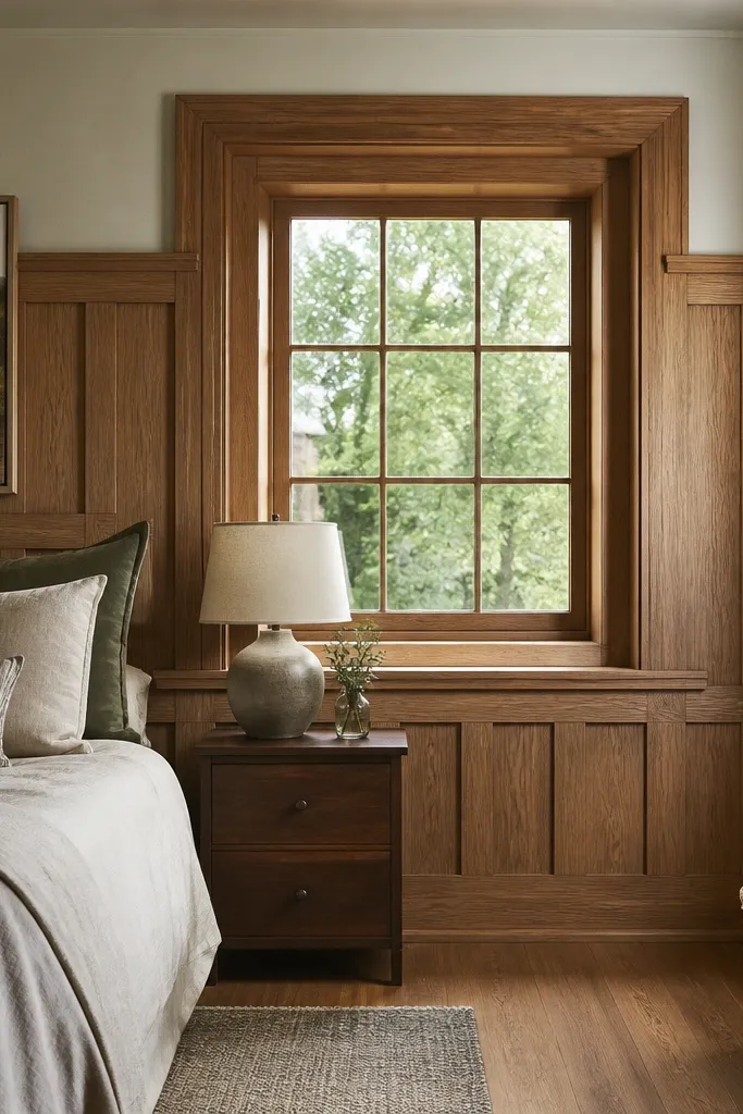 Board-and-batten wainscoting with a thick framed rectangle in the center