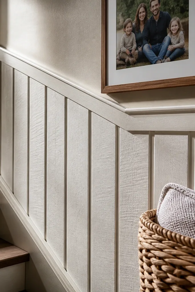 Thick vertical slats with whitewashed finish and a simple chair rail