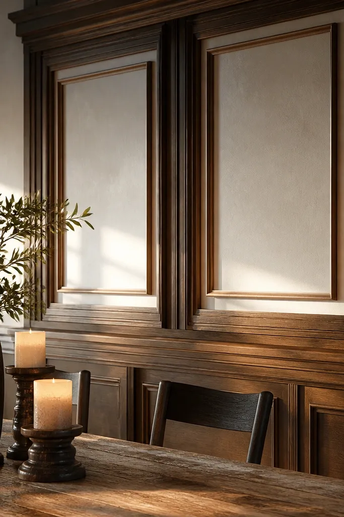Shadow-box wainscoting with angled inner trim and warm stain