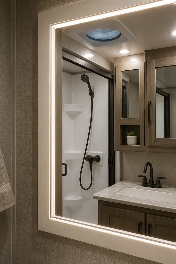 Framed mirror with a warm light glow above a small RV sink