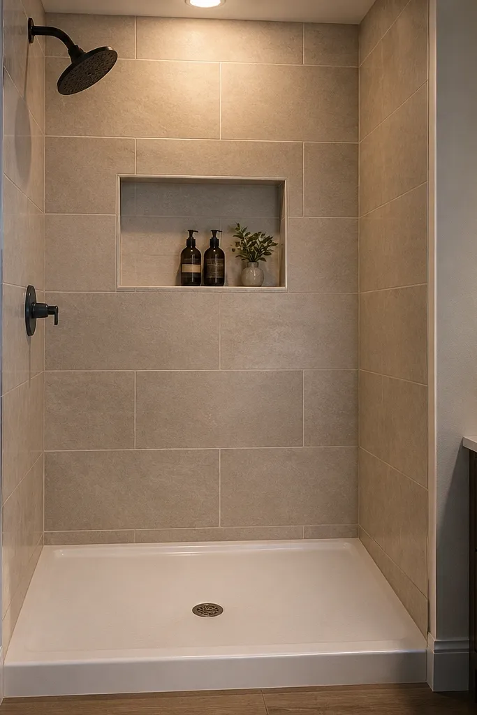 Shower corner with a smooth pan and light tile-look walls
