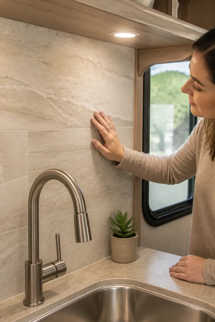 Stone-look backsplash behind a small RV sink with clean edges