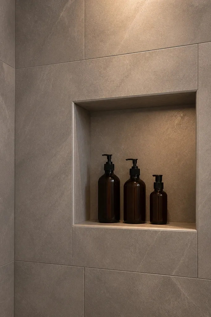 Built-in shower niche with matching light walls and clean trim