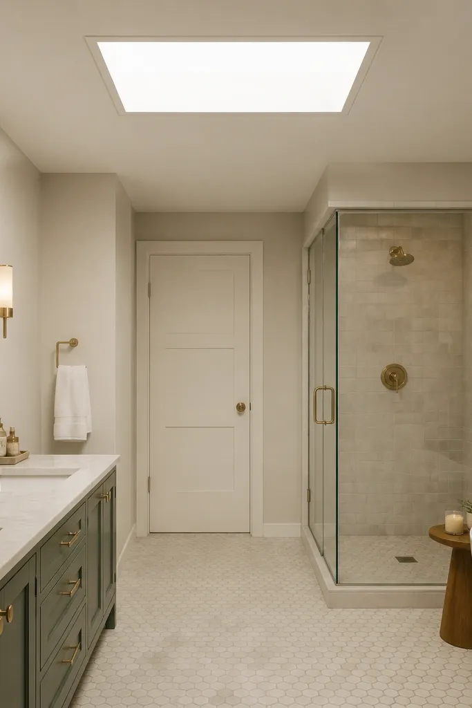 White frosted ceiling light that spreads even light in a small bathroom
