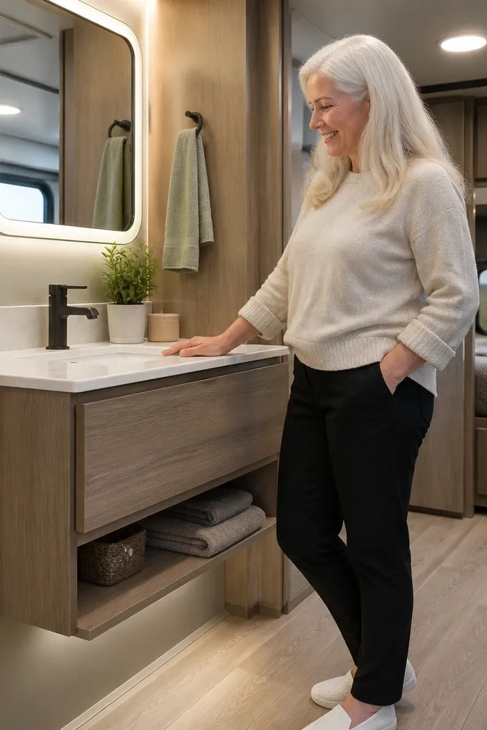 Wall-mounted vanity with light countertop and open-under space
