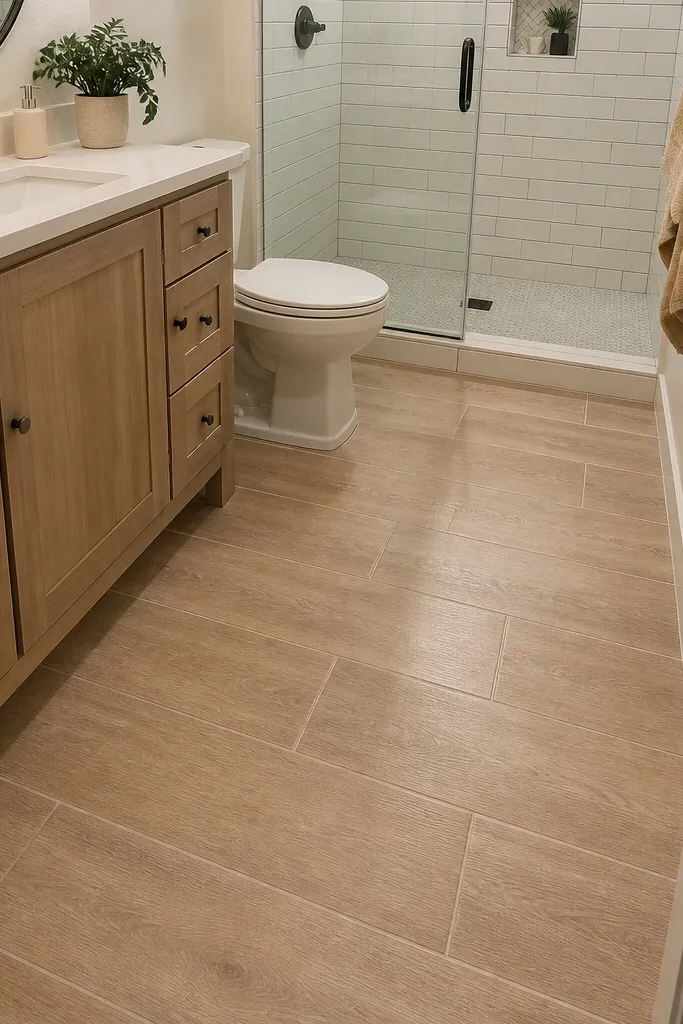 Light tile-look vinyl floor with staggered plank pattern in a small bath