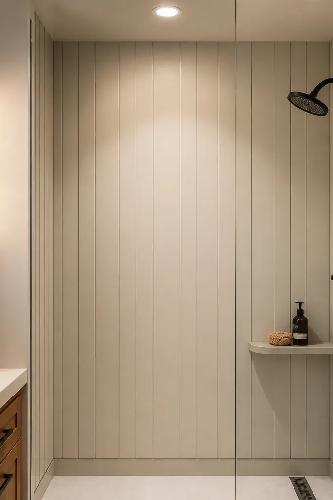 Waterproof accent wall with removable trim panels and clean vertical lines