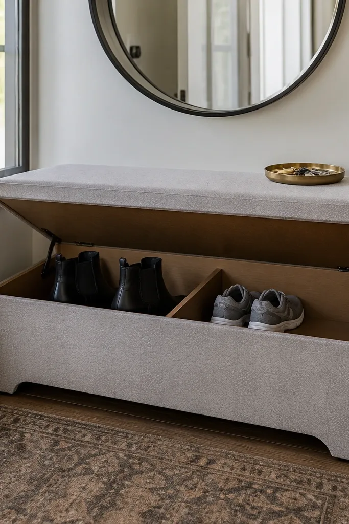 Narrow entryway bench with a hinged top revealing shoe storage inside.