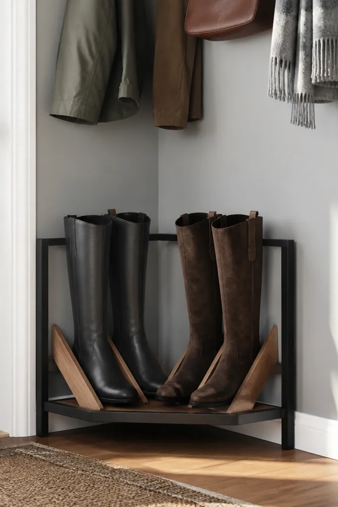 Black metal corner rack with angled slats holding tall boots upright.
