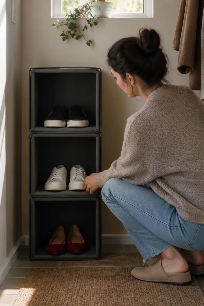 White cube shelf with fabric bins and open sides holding shoes by row.