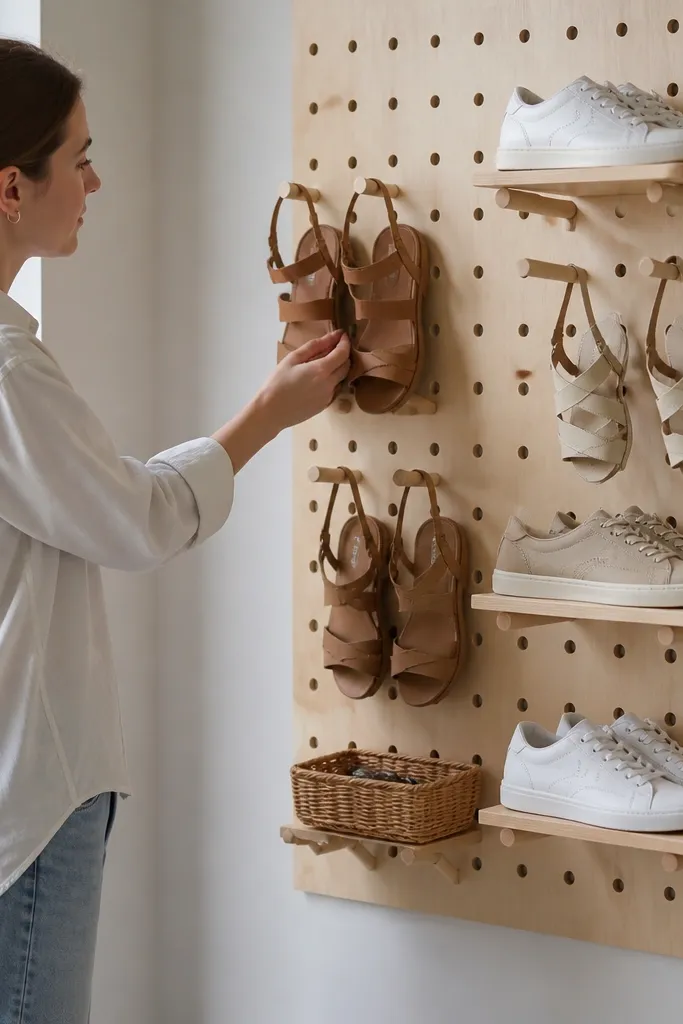 Pegboard wall with hooks and small ledges organizing sneakers and sandals.