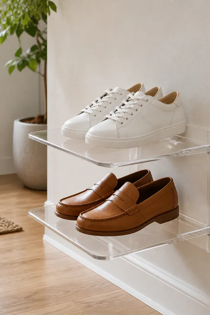 Transparent acrylic riser holding neatly arranged shoes against a wall.